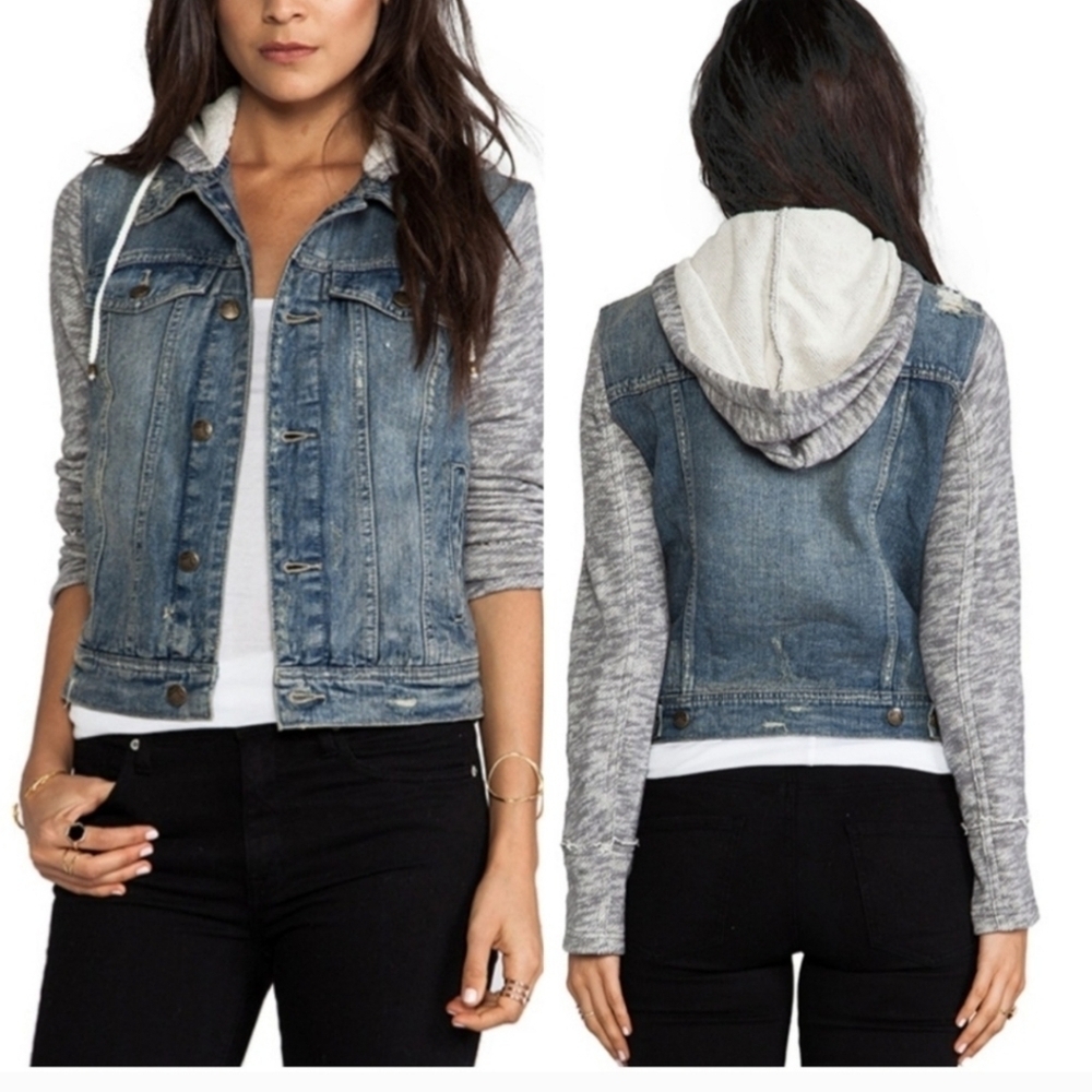 Free People XS Denim Jacket Hooded Gray Sweater Sleeves Blue - Picture 1 of 9